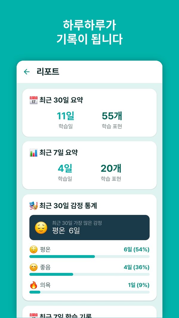 리포트 — 학습일, 학습 표현 수, 감정 통계